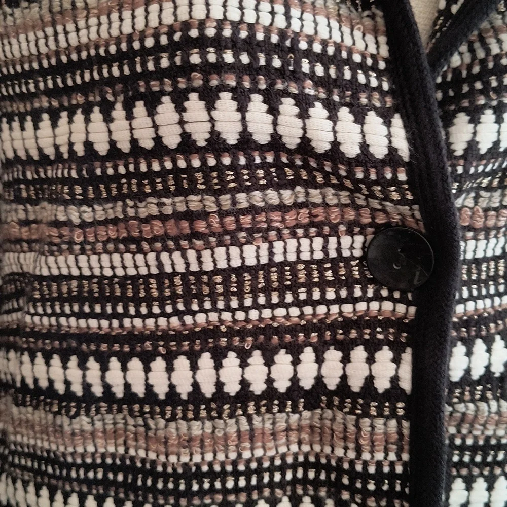 Chico's Black, White and Tan Weave One Button Closure Cardigan Sweater. …